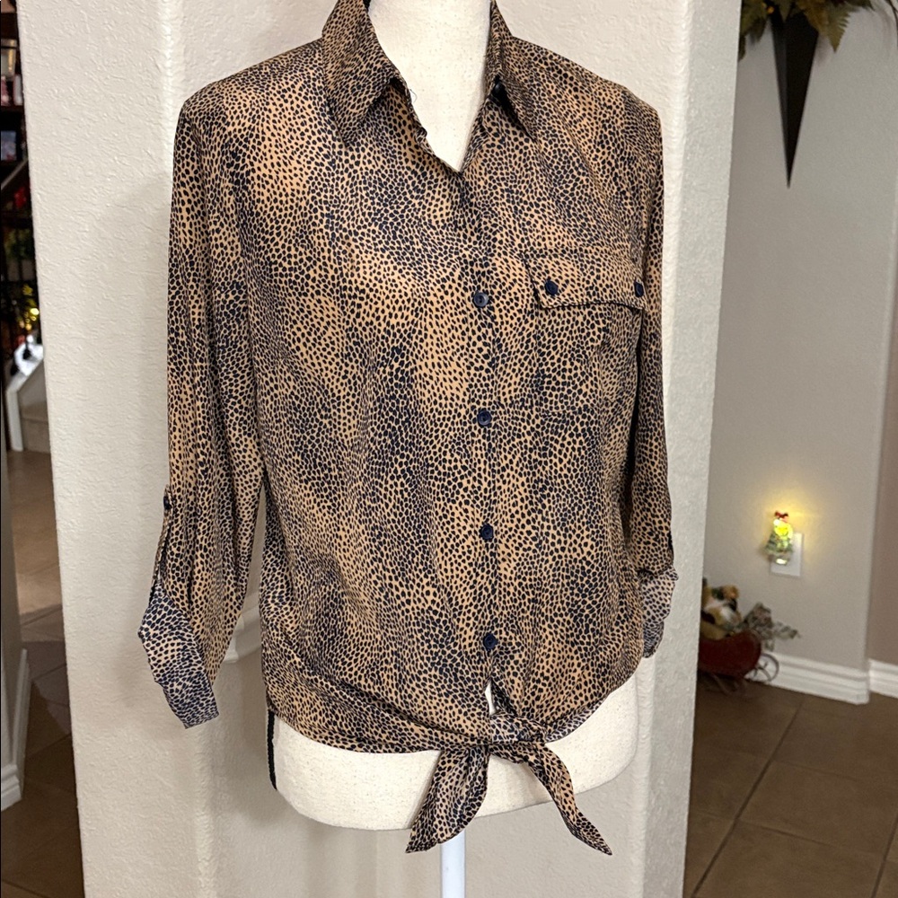 Timing navy and Brown animal print leopard long sleeve top blouse Size M